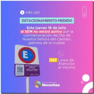 Necochea celebra el Día de la Patrona: No habrá Estacionamiento Medido este jueves